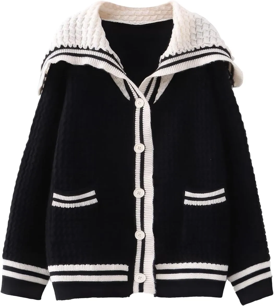 ebossy Womens Kawaii Cute Striped Cardigan Sailor Collar Long Sleeve Knit Sweater Coat JK School Uniform