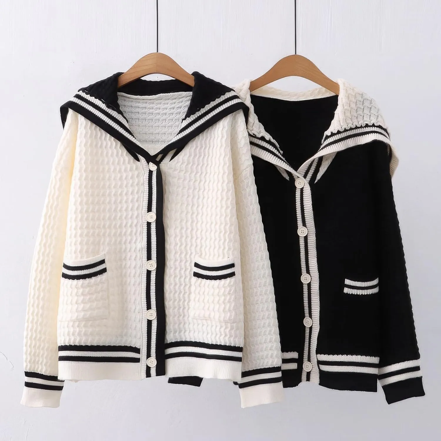 ebossy Womens Kawaii Cute Striped Cardigan Sailor Collar Long Sleeve Knit Sweater Coat JK School Uniform