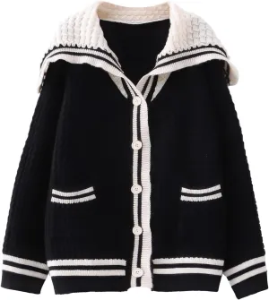 ebossy Womens Kawaii Cute Striped Cardigan Sailor Collar Long Sleeve Knit Sweater Coat JK School Uniform