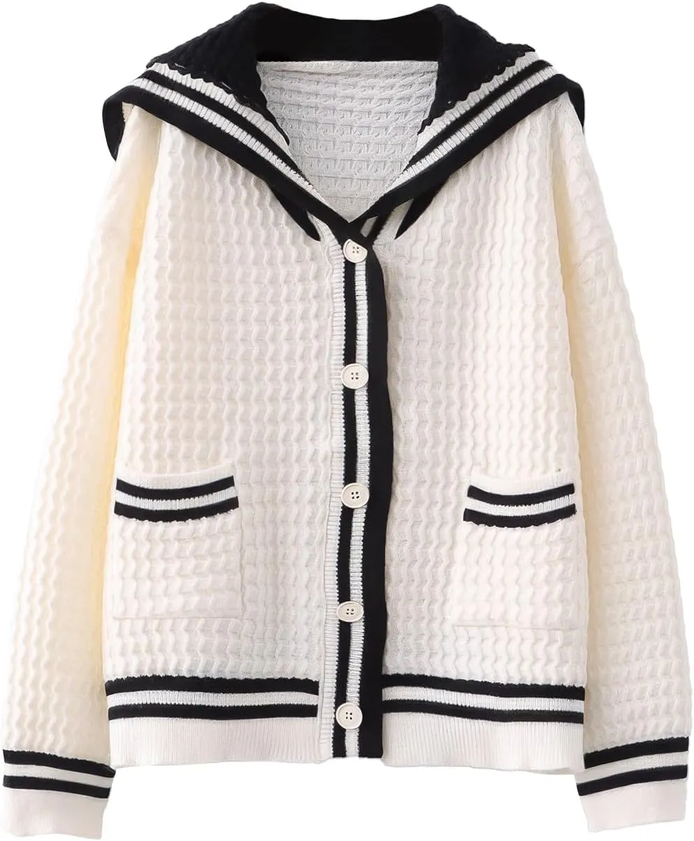 ebossy Womens Kawaii Cute Striped Cardigan Sailor Collar Long Sleeve Knit Sweater Coat JK School Uniform