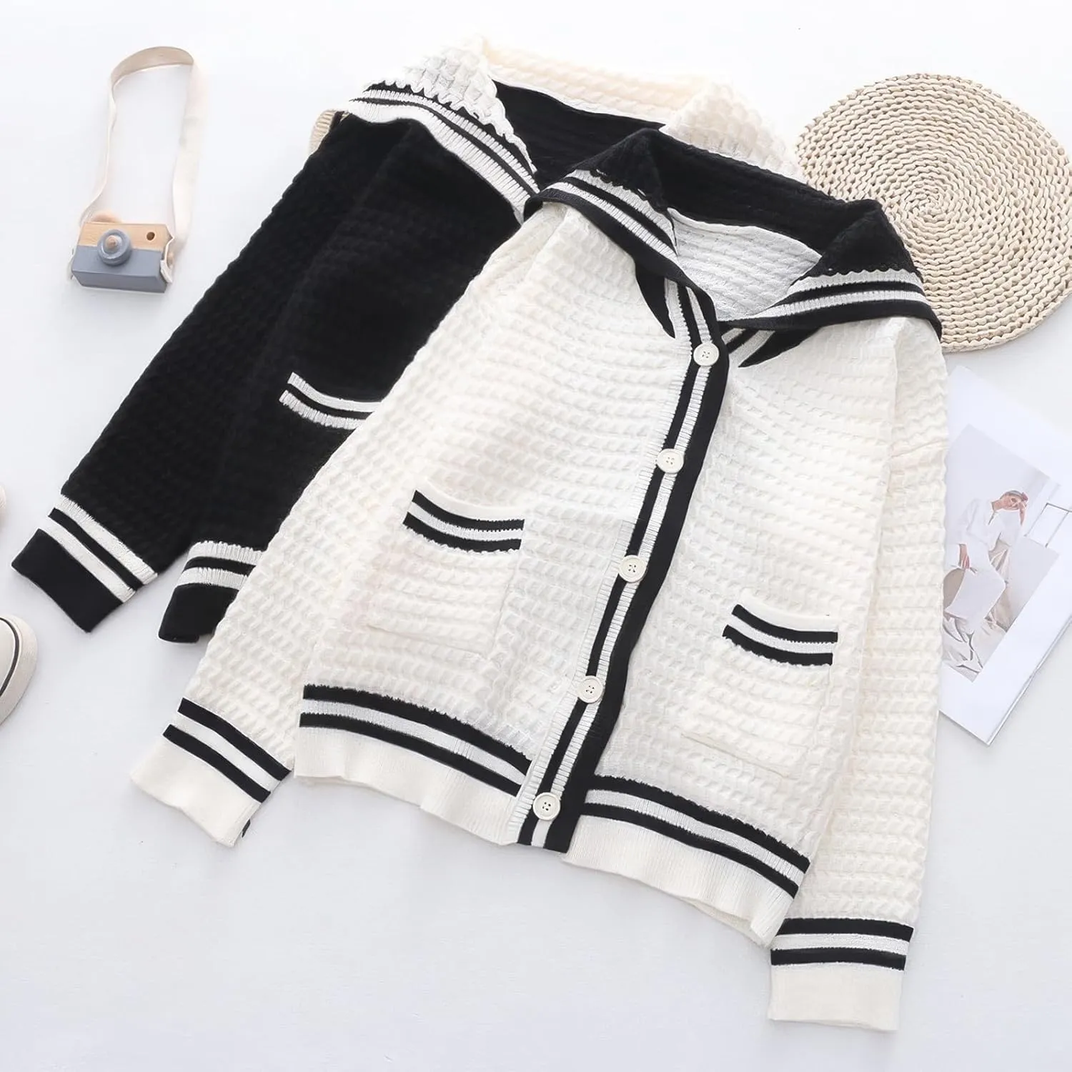 ebossy Womens Kawaii Cute Striped Cardigan Sailor Collar Long Sleeve Knit Sweater Coat JK School Uniform