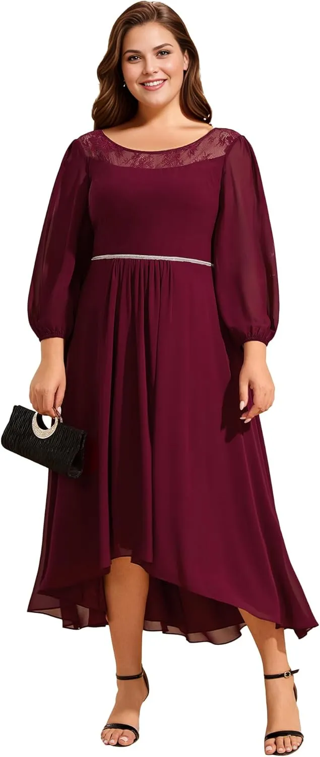Ever-Pretty Plus Women's Long Sleeve Lace High Low Chiffon Midi Length Plus Size Semi Formal Wedding Guest Dresses 02256-DA