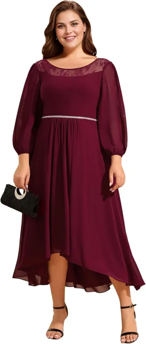 Ever-Pretty Plus Women's Long Sleeve Lace High Low Chiffon Midi Length Plus Size Semi Formal Wedding Guest Dresses 02256-DA