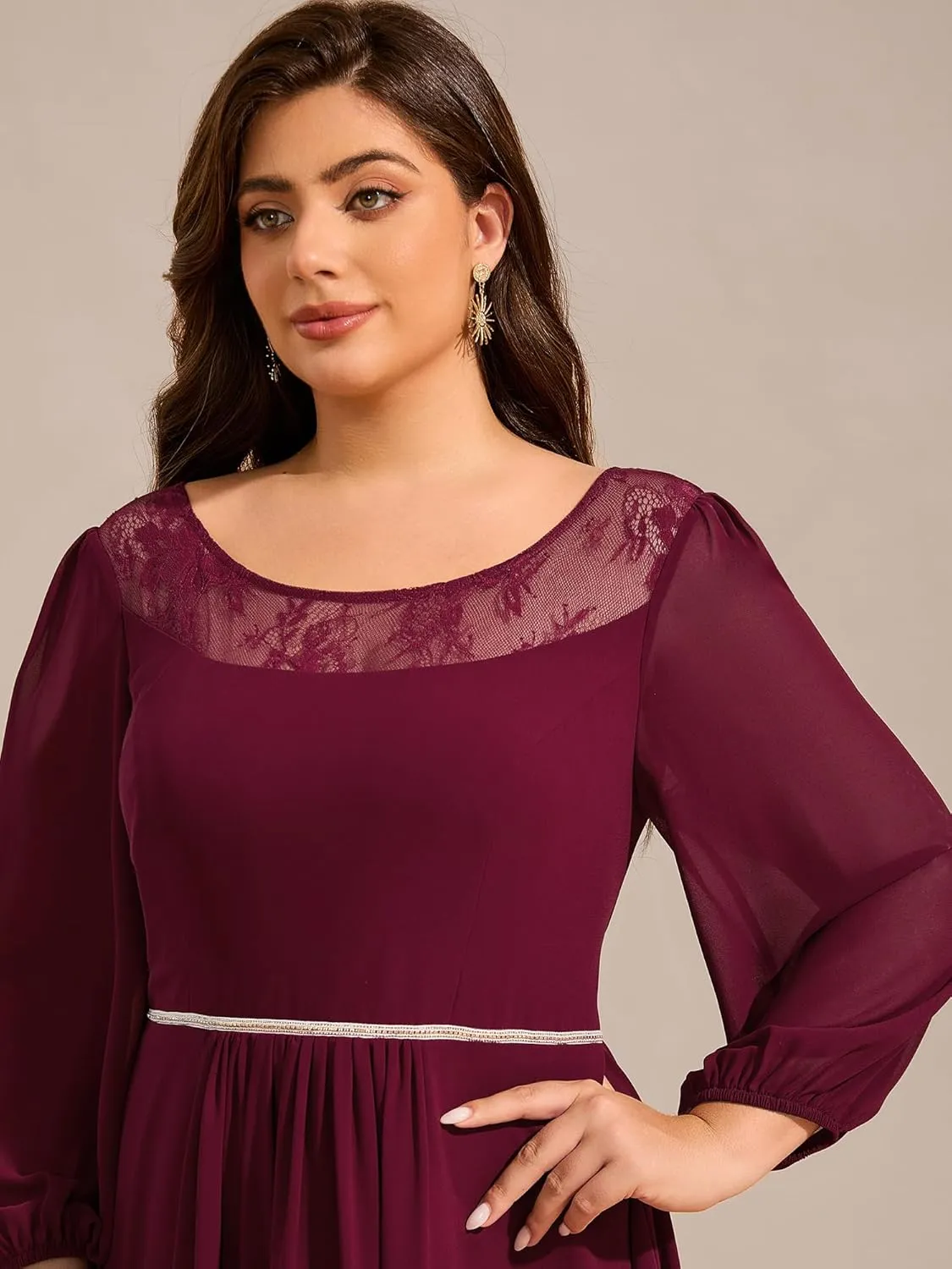 Ever-Pretty Plus Women's Long Sleeve Lace High Low Chiffon Midi Length Plus Size Semi Formal Wedding Guest Dresses 02256-DA