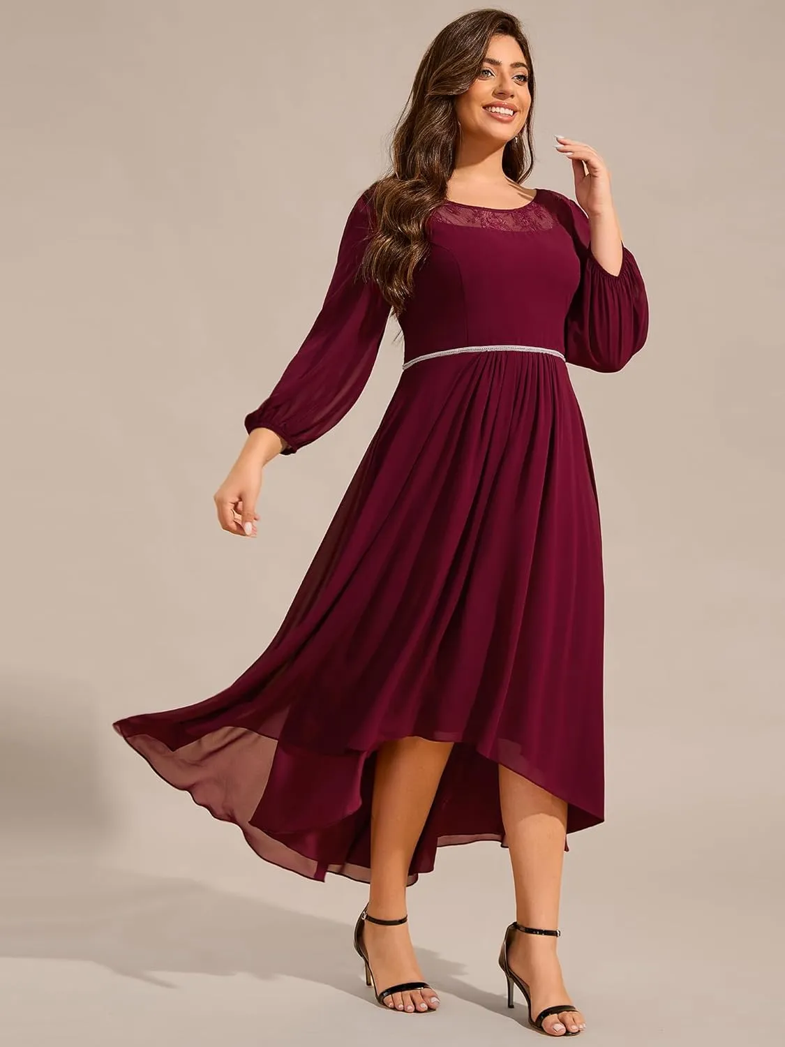 Ever-Pretty Plus Women's Long Sleeve Lace High Low Chiffon Midi Length Plus Size Semi Formal Wedding Guest Dresses 02256-DA