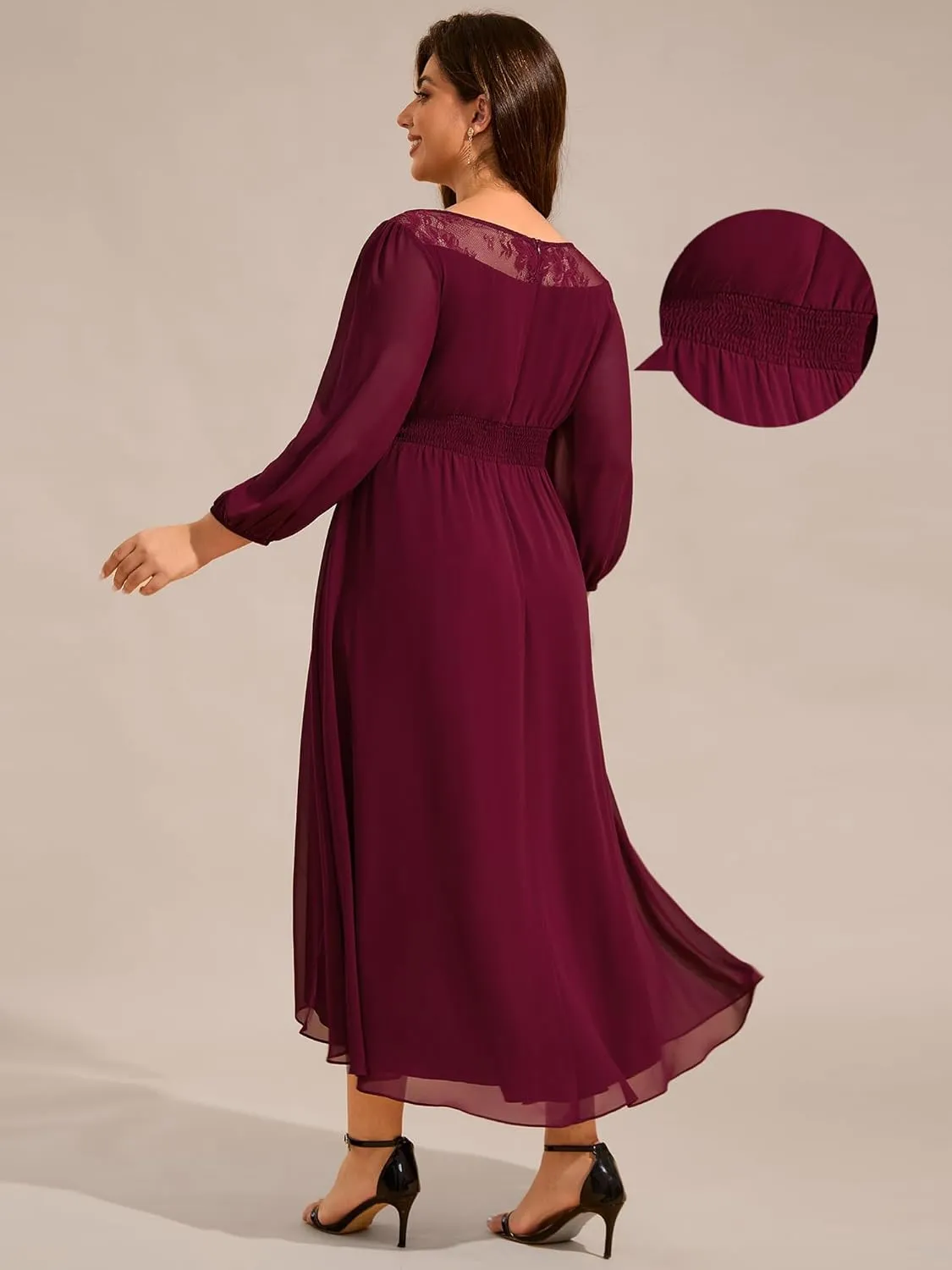 Ever-Pretty Plus Women's Long Sleeve Lace High Low Chiffon Midi Length Plus Size Semi Formal Wedding Guest Dresses 02256-DA