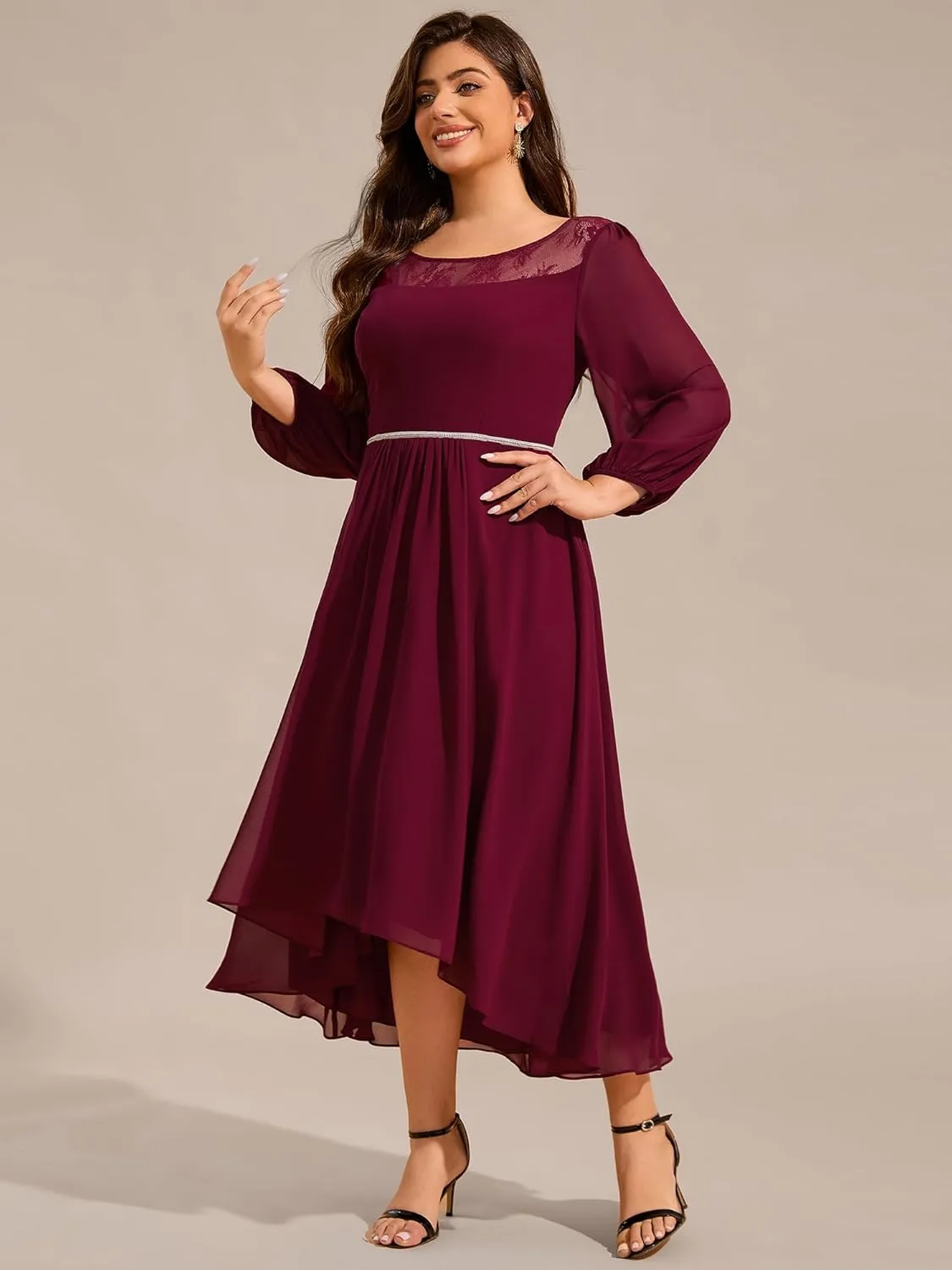 Ever-Pretty Plus Women's Long Sleeve Lace High Low Chiffon Midi Length Plus Size Semi Formal Wedding Guest Dresses 02256-DA