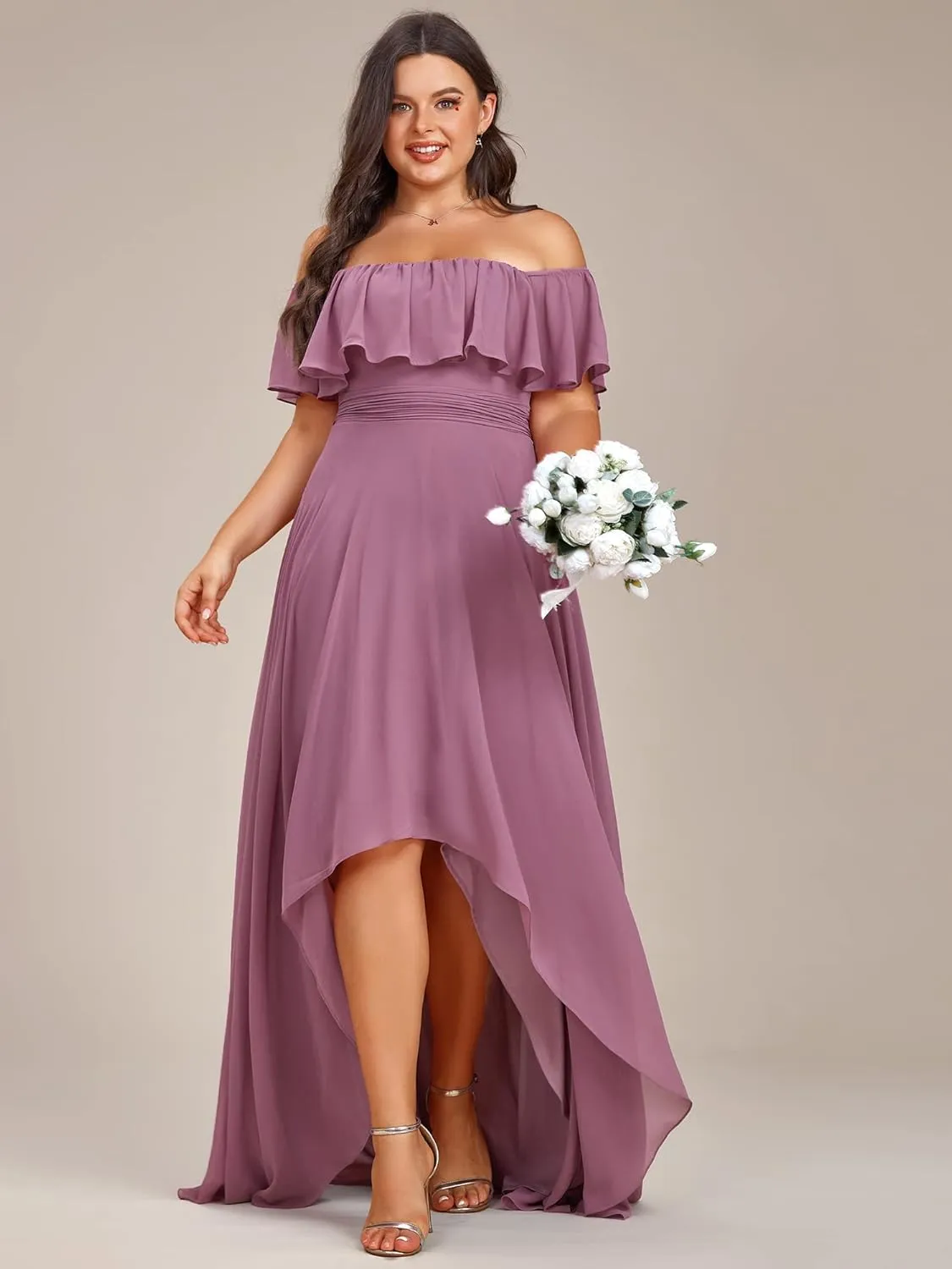 Ever-Pretty Plus Women's Off Shoulder Ruffle Sleeve High Low A Line Curve Long Bridesmaid Dresses 01736-DA