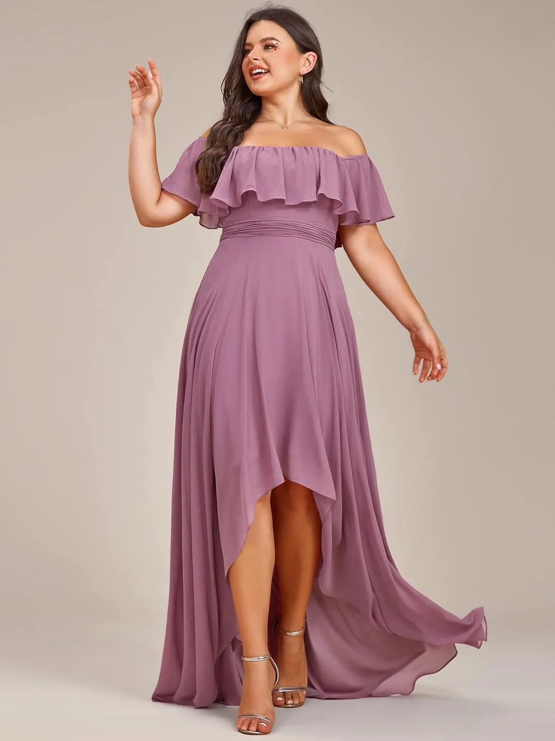 Ever-Pretty Plus Women's Off Shoulder Ruffle Sleeve High Low A Line Curve Long Bridesmaid Dresses 01736-DA