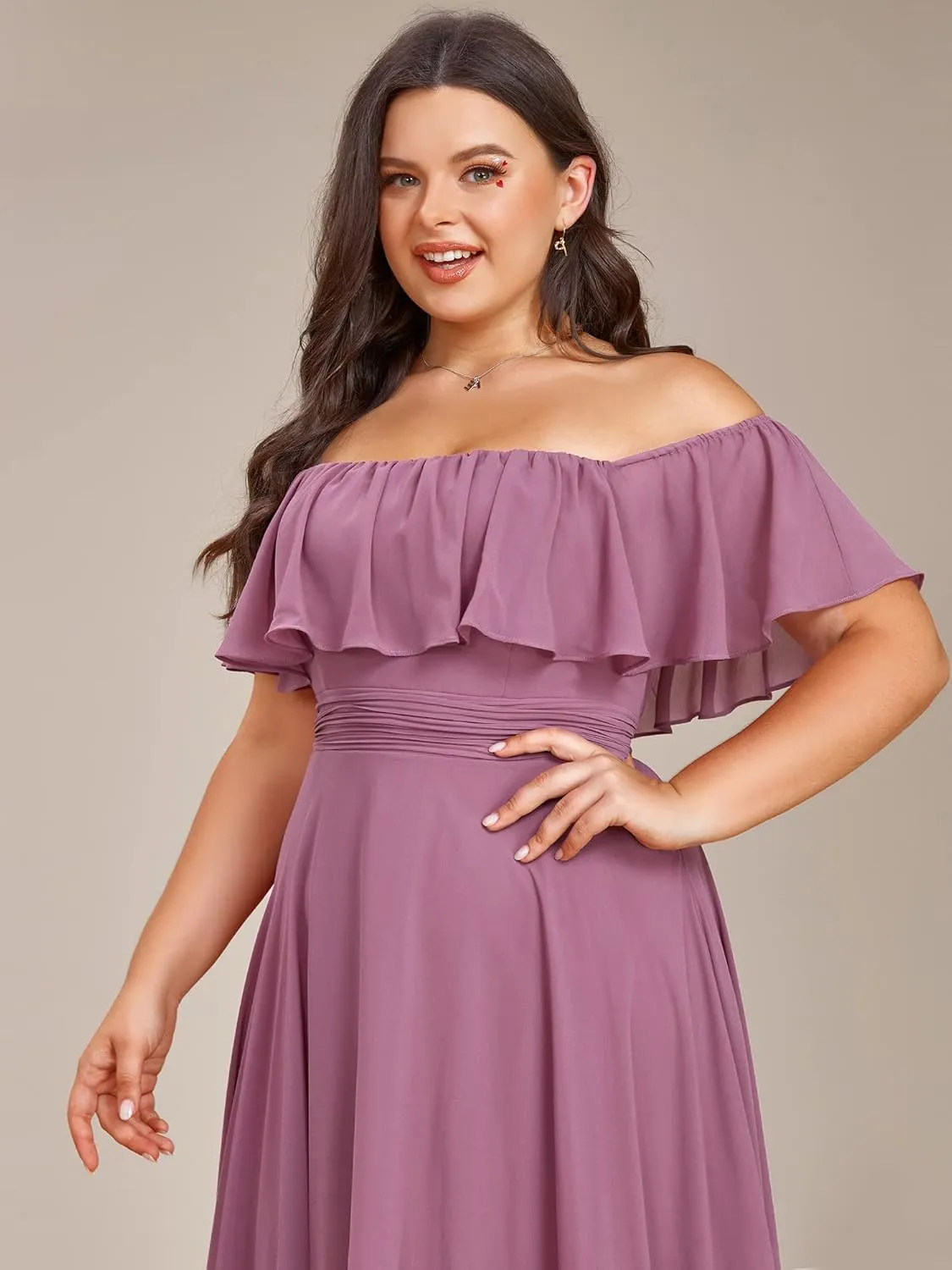 Ever-Pretty Plus Women's Off Shoulder Ruffle Sleeve High Low A Line Curve Long Bridesmaid Dresses 01736-DA