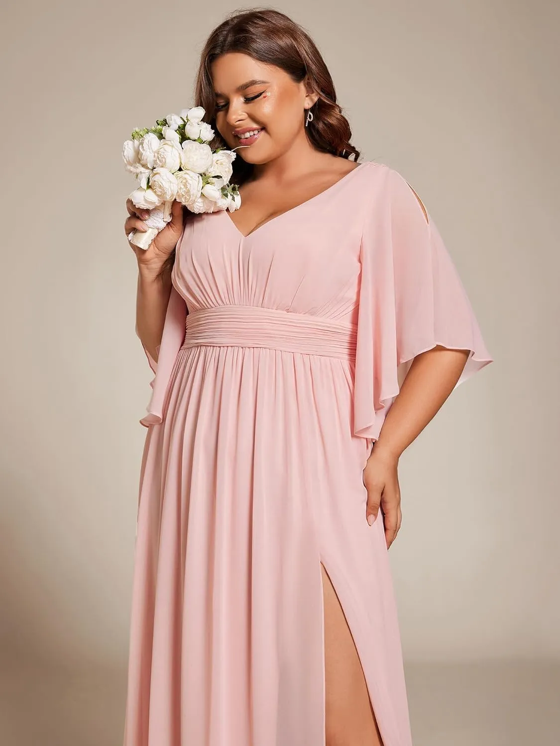 Ever-Pretty Plus Women's Plus Size V Neck Half Sleeves Slit A Line Floor Length Bridesmaid Dress 01886-DA