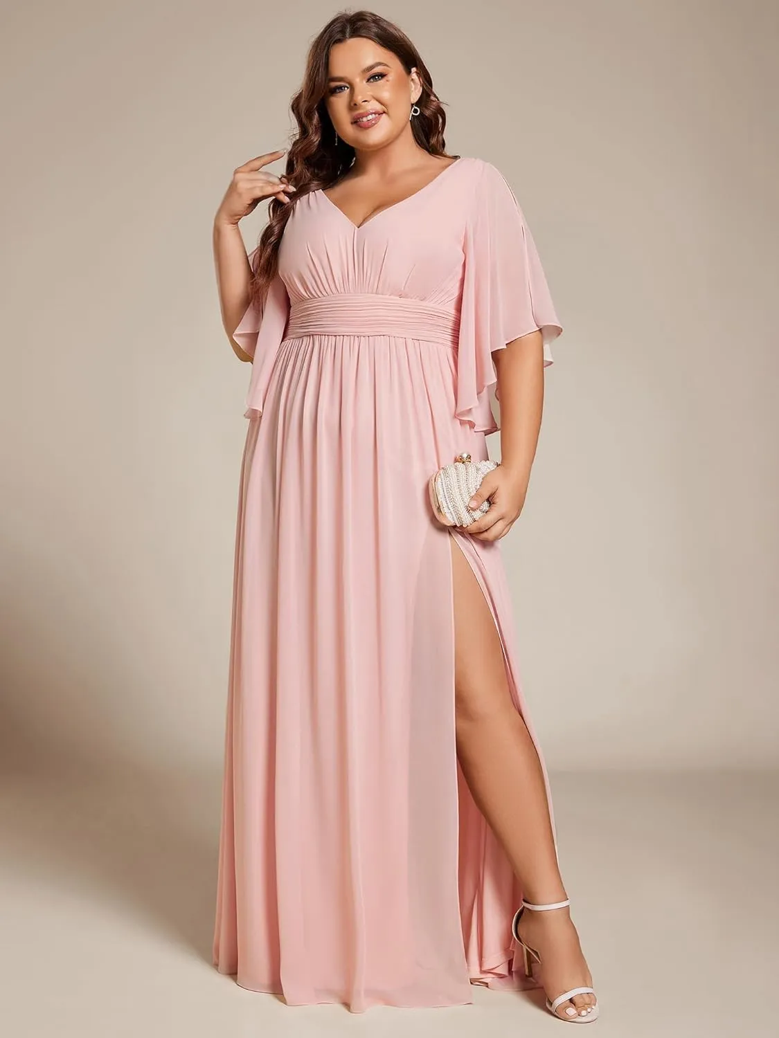 Ever-Pretty Plus Women's Plus Size V Neck Half Sleeves Slit A Line Floor Length Bridesmaid Dress 01886-DA
