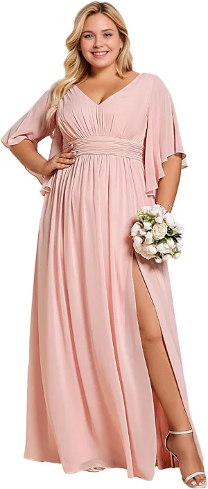 Ever-Pretty Plus Women's Plus Size V Neck Half Sleeves Slit A Line Floor Length Bridesmaid Dress 01886-DA