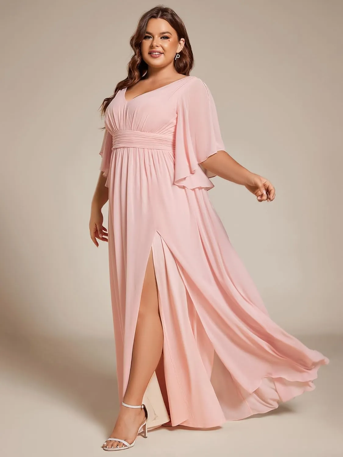 Ever-Pretty Plus Women's Plus Size V Neck Half Sleeves Slit A Line Floor Length Bridesmaid Dress 01886-DA