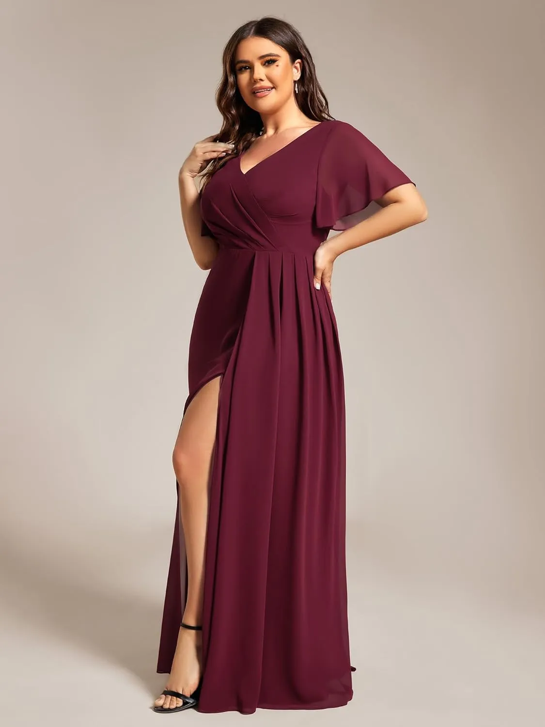 Ever-Pretty Plus Women's V Neck Chiffon Ruched Ruffles Sleeves Side Slit Floor Length Plus Size Bridesmaid Dresses S0050-DA