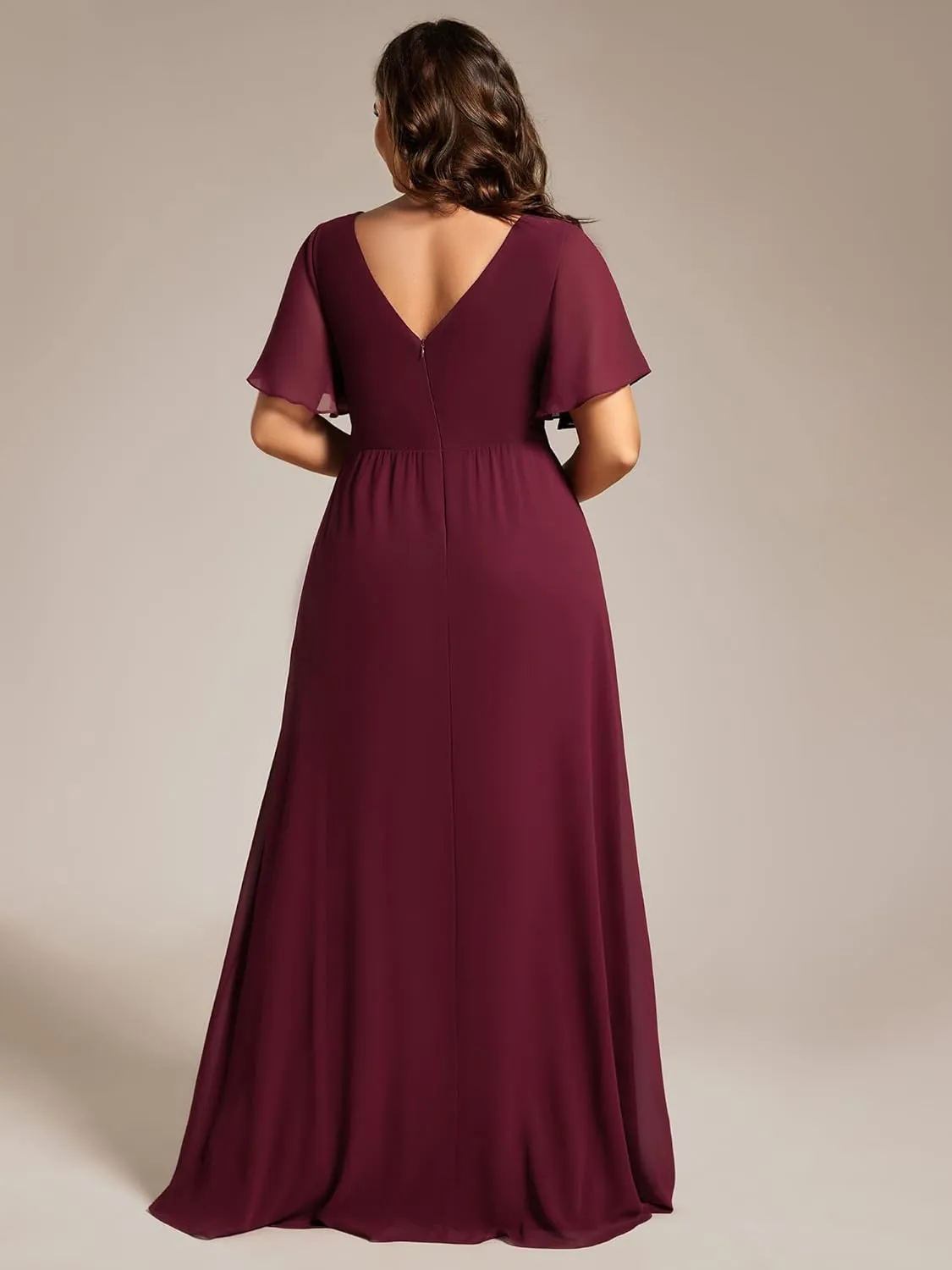 Ever-Pretty Plus Women's V Neck Chiffon Ruched Ruffles Sleeves Side Slit Floor Length Plus Size Bridesmaid Dresses S0050-DA