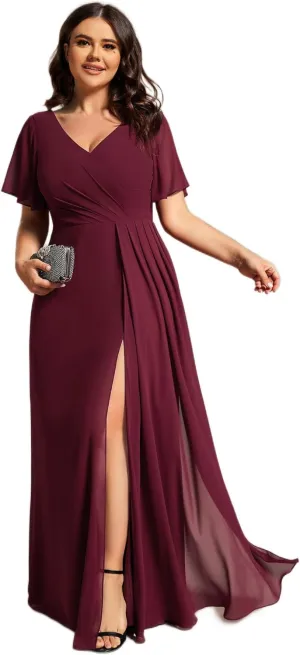 Ever-Pretty Plus Women's V Neck Chiffon Ruched Ruffles Sleeves Side Slit Floor Length Plus Size Bridesmaid Dresses S0050-DA