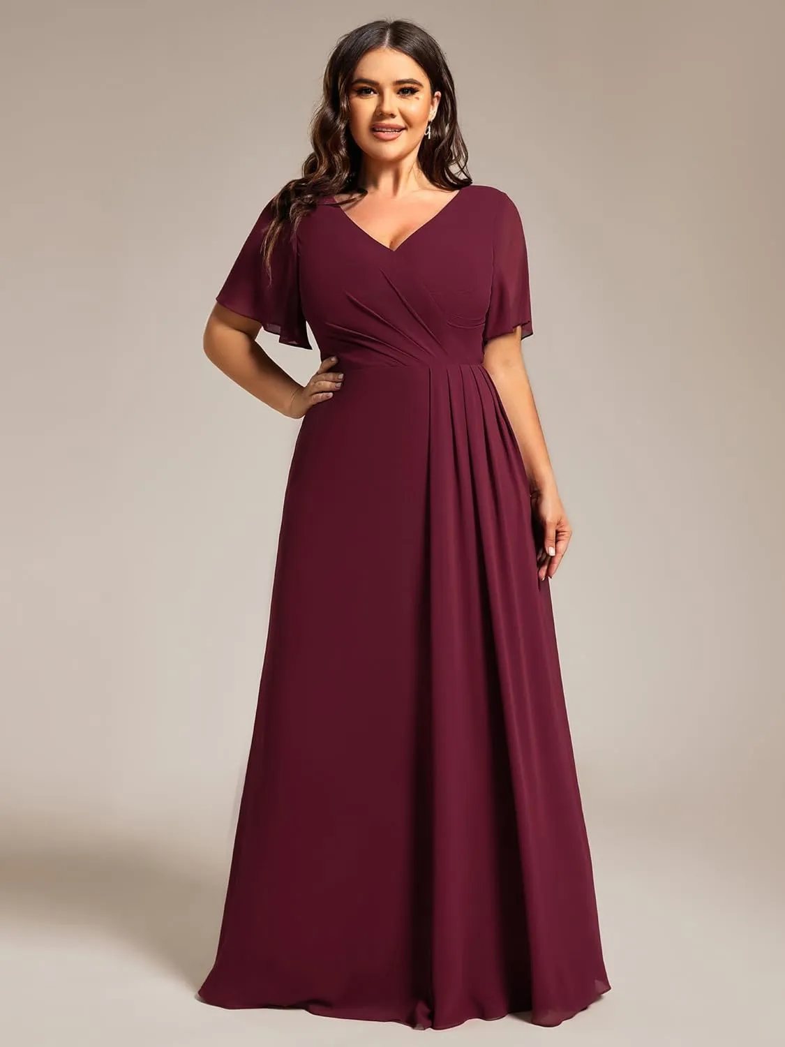 Ever-Pretty Plus Women's V Neck Chiffon Ruched Ruffles Sleeves Side Slit Floor Length Plus Size Bridesmaid Dresses S0050-DA