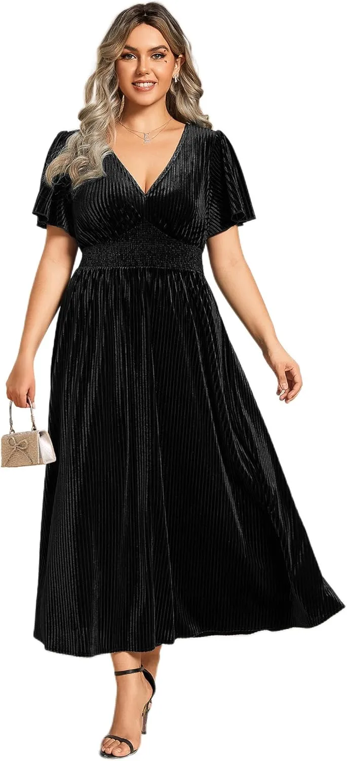 Ever-Pretty Plus Women's Winter V Neck Velvet Short Sleeves A Line Plus Size Cocktail Wedding Guest Dresses 01939-DAPH