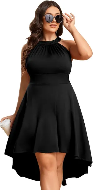 Ever-Pretty Women's A-Line Halter High Low Plus Size Cocktail Dresses for Curvy Women Summer Casual Sleeveless Sundress