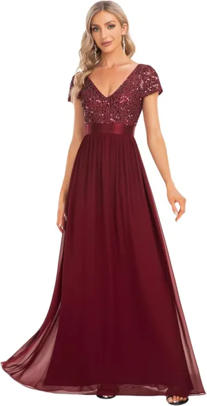 Ever-Pretty Women's Sequin V-Neck A-line Short Sleeves Empire Waist Maxi Evening Party Dress 0150A