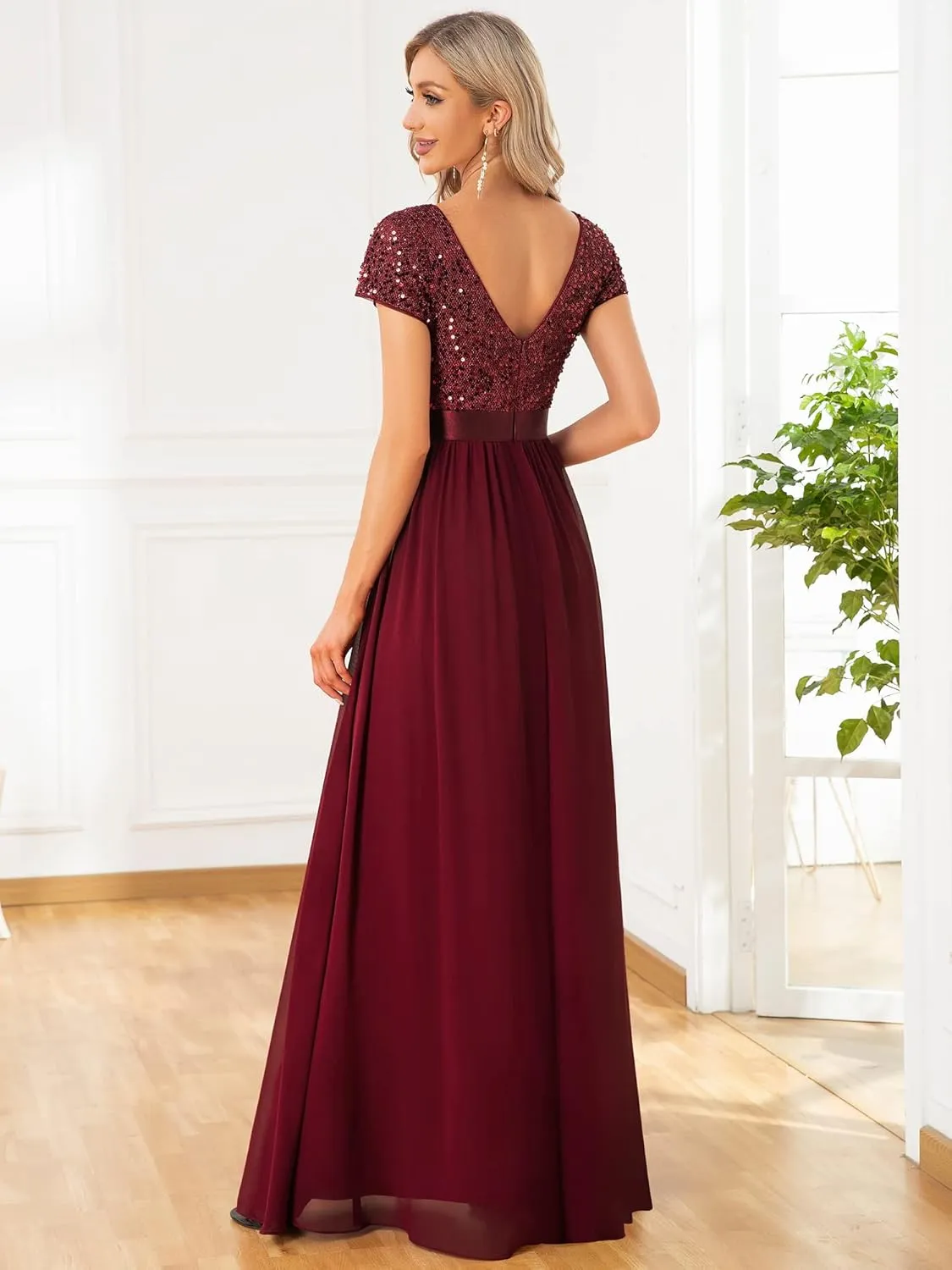 Ever-Pretty Women's Sequin V-Neck A-line Short Sleeves Empire Waist Maxi Evening Party Dress 0150A