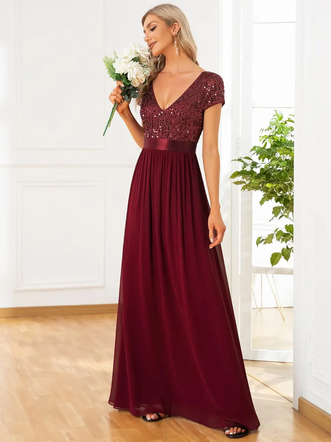 Ever-Pretty Women's Sequin V-Neck A-line Short Sleeves Empire Waist Maxi Evening Party Dress 0150A