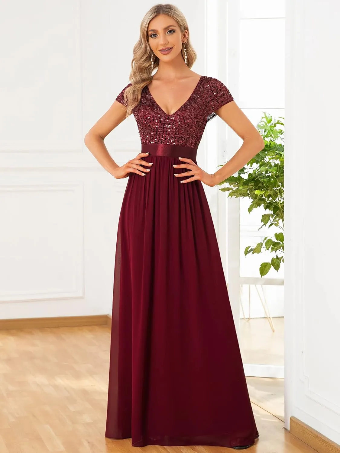 Ever-Pretty Women's Sequin V-Neck A-line Short Sleeves Empire Waist Maxi Evening Party Dress 0150A