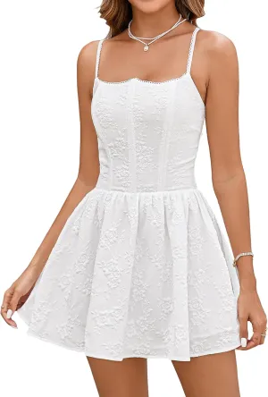 EYNMIN Jacquard Mini Dress Corset Spaghetti Strap Smocked Flowy A Line Short Graduation Dresses for Women Summer 2025