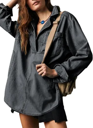 Fazortev Women's Denim Pullover Casual Button V Neck Blouse Loose Fit Long Sleeve Jean Jacket With Pocket