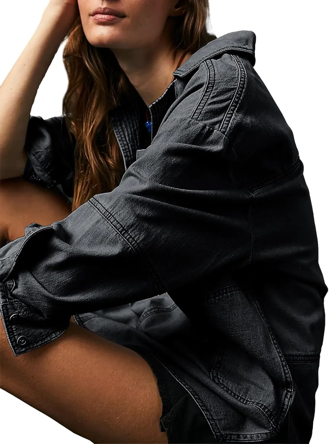 Fazortev Women's Denim Pullover Casual Button V Neck Blouse Loose Fit Long Sleeve Jean Jacket With Pocket