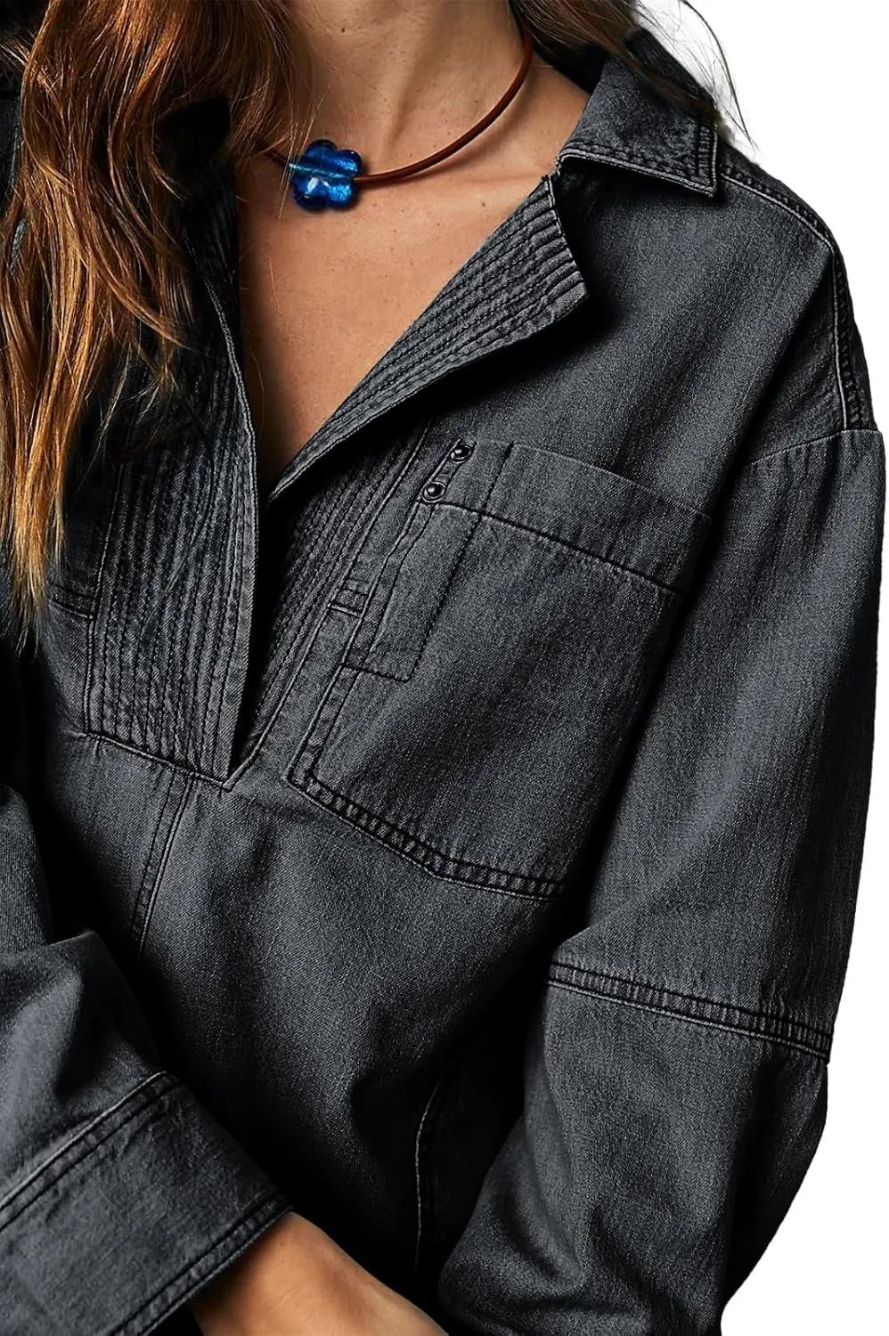 Fazortev Women's Denim Pullover Casual Button V Neck Blouse Loose Fit Long Sleeve Jean Jacket With Pocket