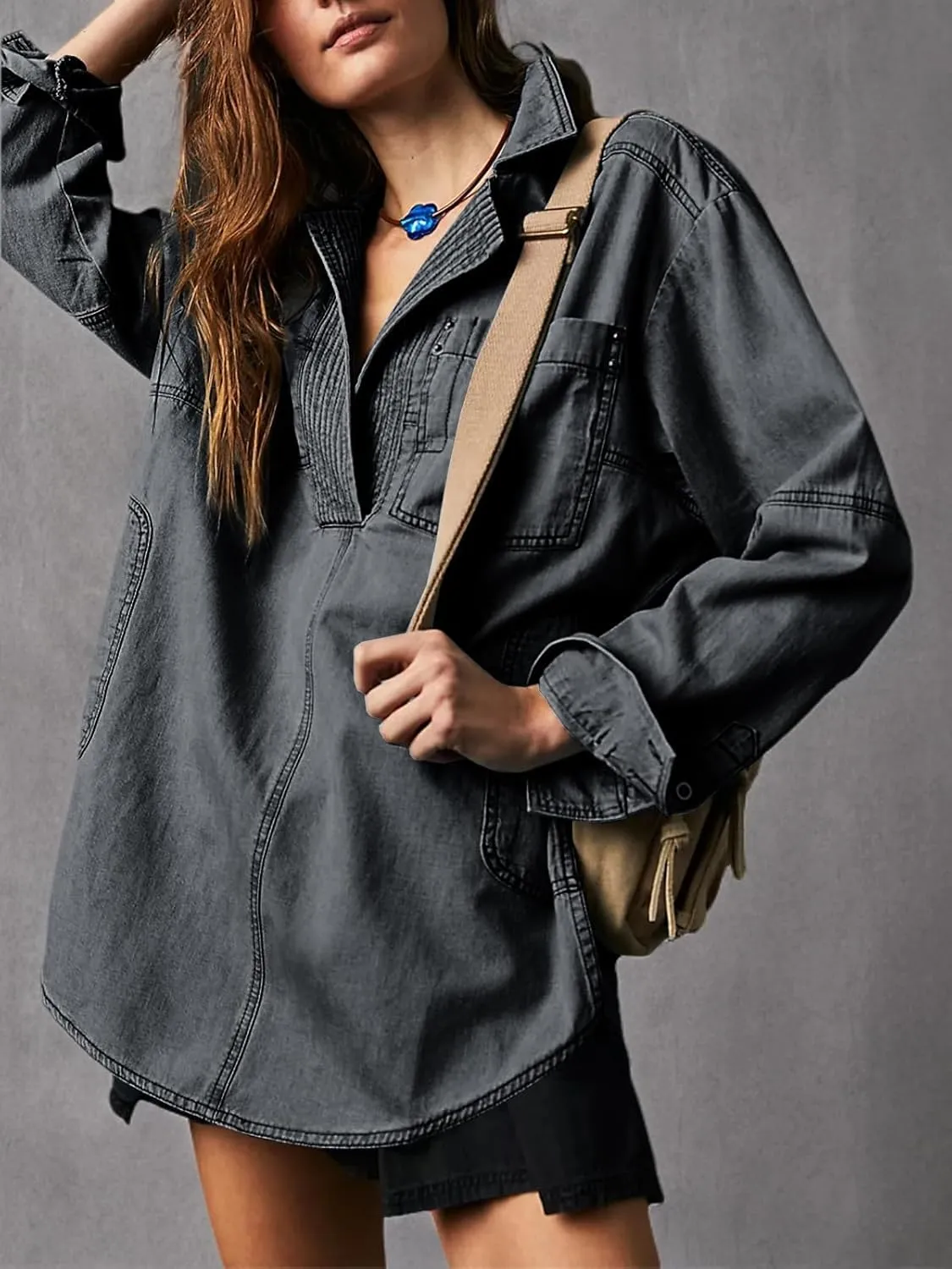 Fazortev Women's Denim Pullover Casual Button V Neck Blouse Loose Fit Long Sleeve Jean Jacket With Pocket