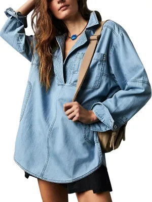Fazortev Women's Denim Pullover Casual Button V Neck Blouse Loose Fit Long Sleeve Jean Jacket With Pocket