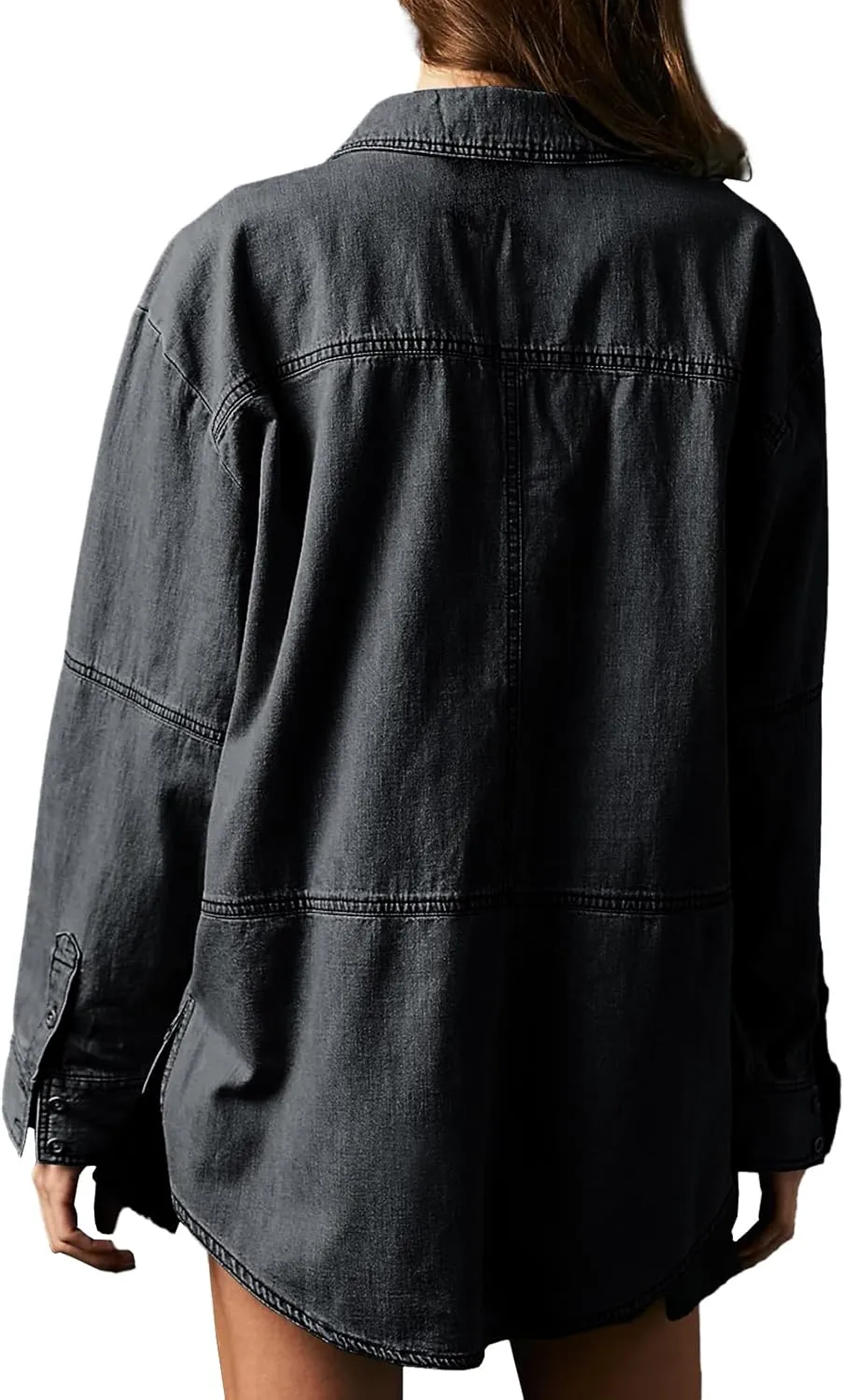 Fazortev Women's Denim Pullover Casual Button V Neck Blouse Loose Fit Long Sleeve Jean Jacket With Pocket