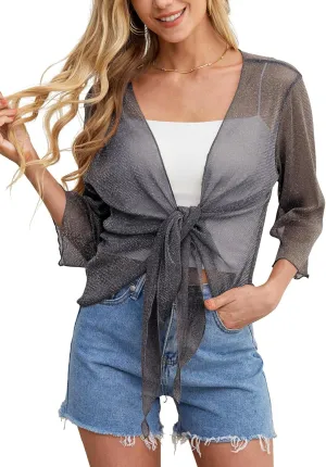 Feiersi Womens Thin Sheer Shrug 3/4 Sleeve Mesh Bolero Tie Front Cropped Cardigan
