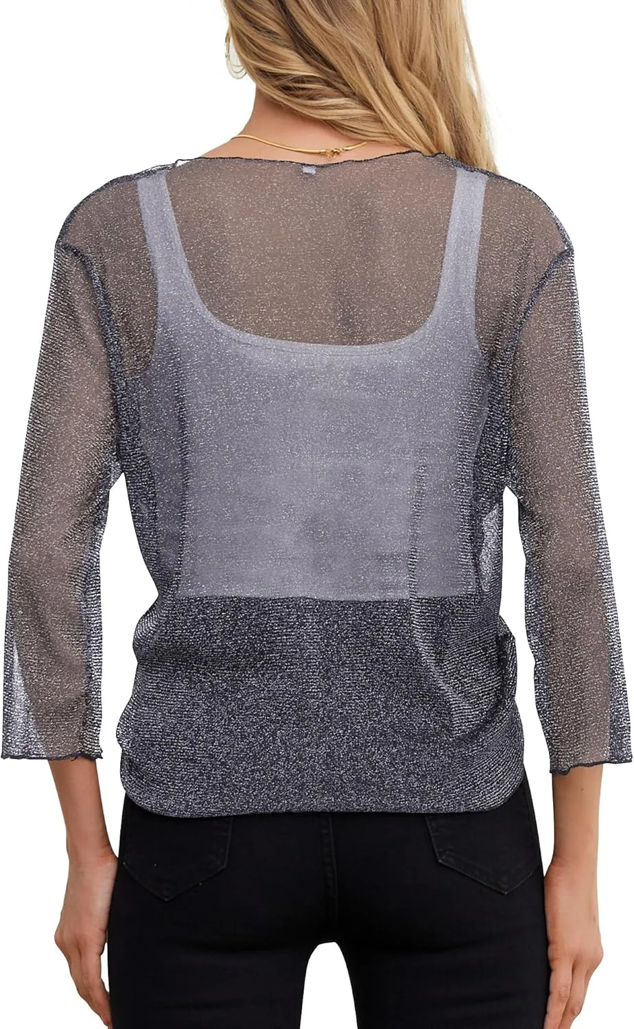 Feiersi Womens Thin Sheer Shrug 3/4 Sleeve Mesh Bolero Tie Front Cropped Cardigan