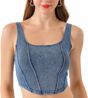 FEOYA Denim Corset Top for Women Square Neck Jean Crop Tank Tops Sleeveless Bustier Cami Cropped Shirt