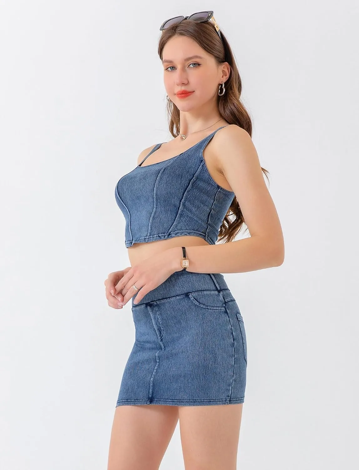 FEOYA Denim Corset Top for Women Square Neck Jean Crop Tank Tops Sleeveless Bustier Cami Cropped Shirt