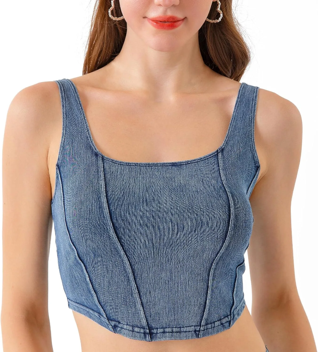 FEOYA Denim Corset Top for Women Square Neck Jean Crop Tank Tops Sleeveless Bustier Cami Cropped Shirt