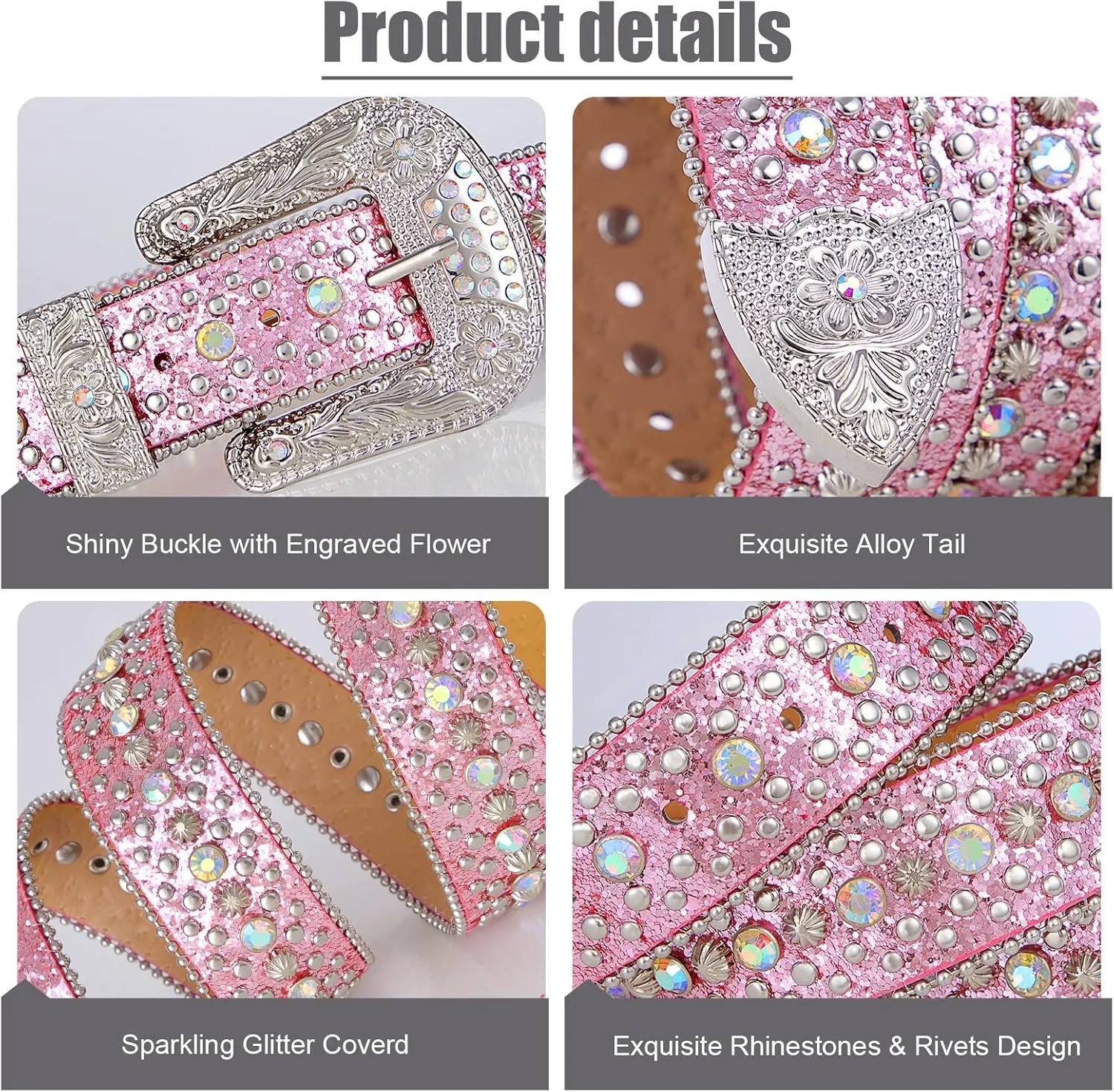 FIORETTO Men Women Rhinestone Belt Bling Western Studded Leather Belt Shining Diamond Waist Belt for Cowgirl Cowboy Jeans