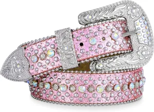 FIORETTO Men Women Rhinestone Belt Bling Western Studded Leather Belt Shining Diamond Waist Belt for Cowgirl Cowboy Jeans