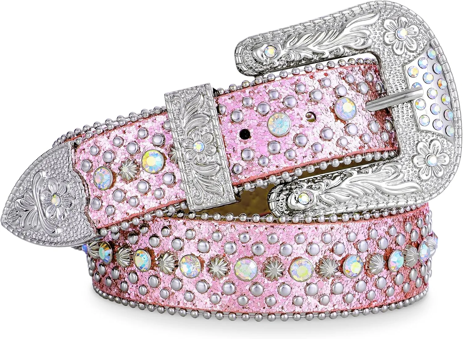 FIORETTO Men Women Rhinestone Belt Bling Western Studded Leather Belt Shining Diamond Waist Belt for Cowgirl Cowboy Jeans