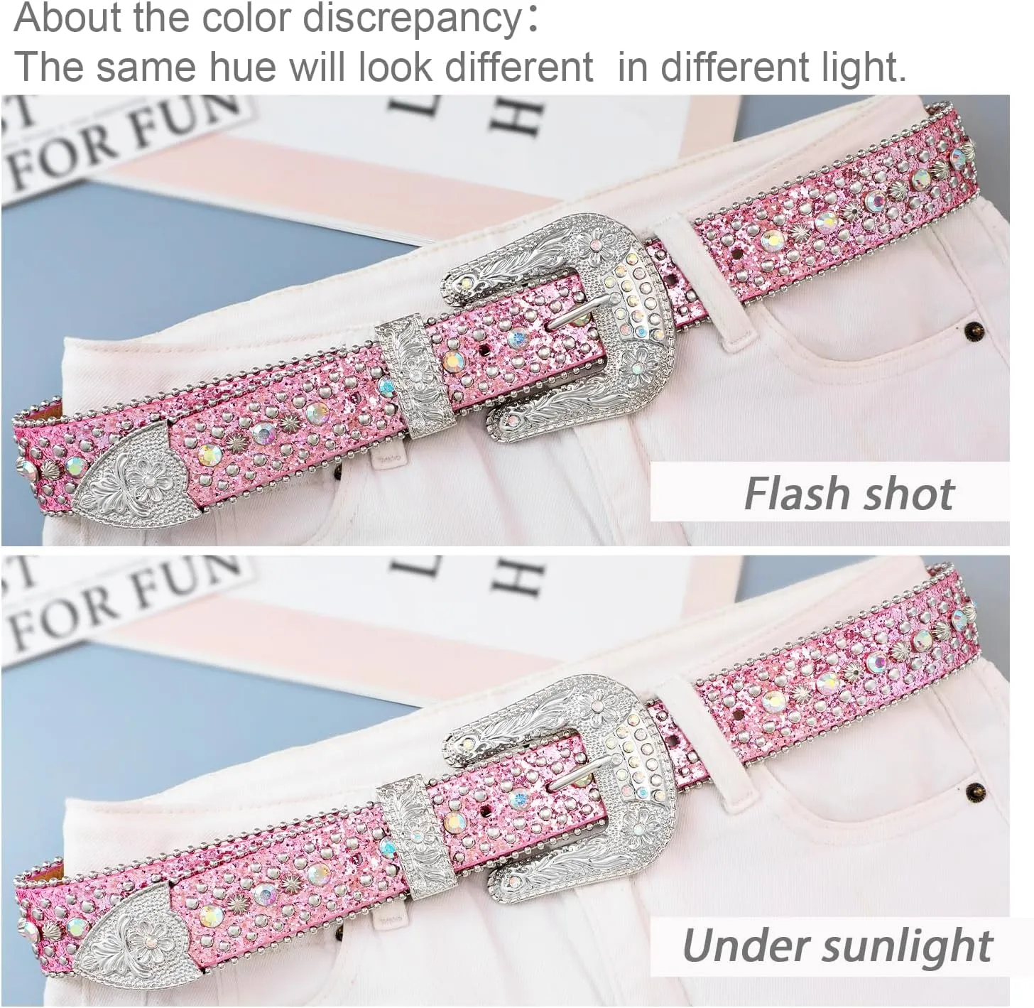 FIORETTO Men Women Rhinestone Belt Bling Western Studded Leather Belt Shining Diamond Waist Belt for Cowgirl Cowboy Jeans