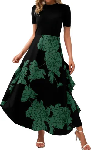 Floral Dress for Women Wedding Guest Summer Maxi Dresses Casual Flowy Short Sleeve Crewneck Cocktail Party Sundresses