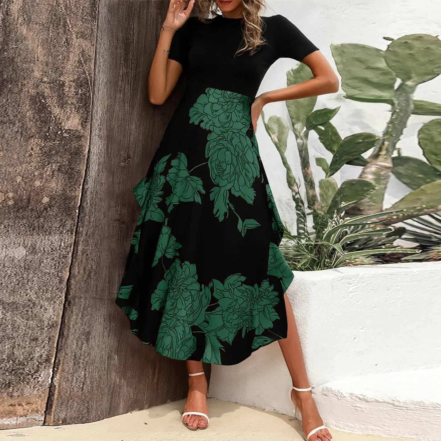 Floral Dress for Women Wedding Guest Summer Maxi Dresses Casual Flowy Short Sleeve Crewneck Cocktail Party Sundresses