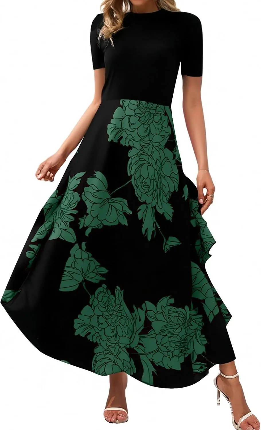Floral Dress for Women Wedding Guest Summer Maxi Dresses Casual Flowy Short Sleeve Crewneck Cocktail Party Sundresses