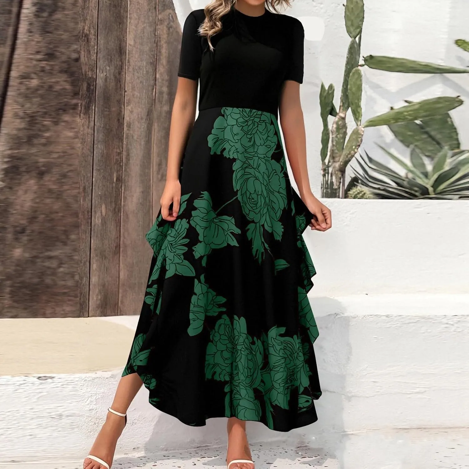 Floral Dress for Women Wedding Guest Summer Maxi Dresses Casual Flowy Short Sleeve Crewneck Cocktail Party Sundresses