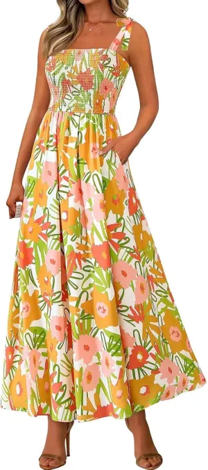 Floral Summer Dresses for Women 2025 Sleeveless Paghetti Strap Smocked Maxi Dress Flowy Beach Sundresses with Pockets