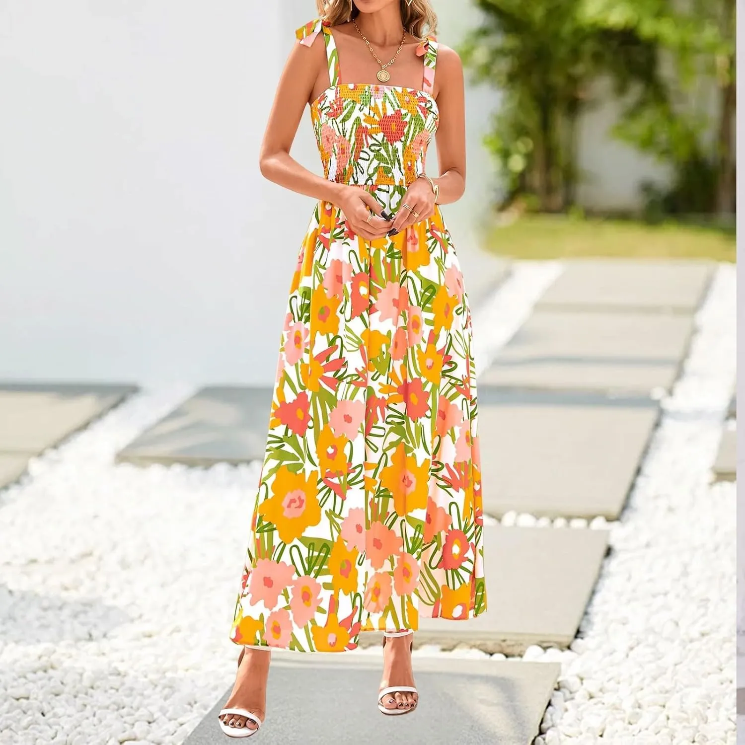 Floral Summer Dresses for Women 2025 Sleeveless Paghetti Strap Smocked Maxi Dress Flowy Beach Sundresses with Pockets